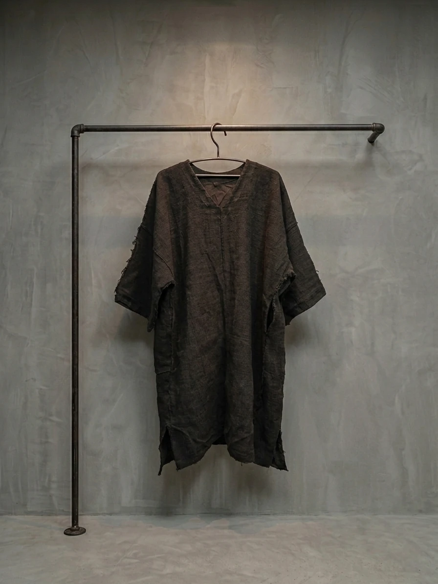 Fireweed Robe hanging on a metal rack against a concrete wall